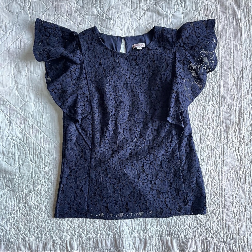 NWOT - navy Merona lace blouse with flutter sleeves